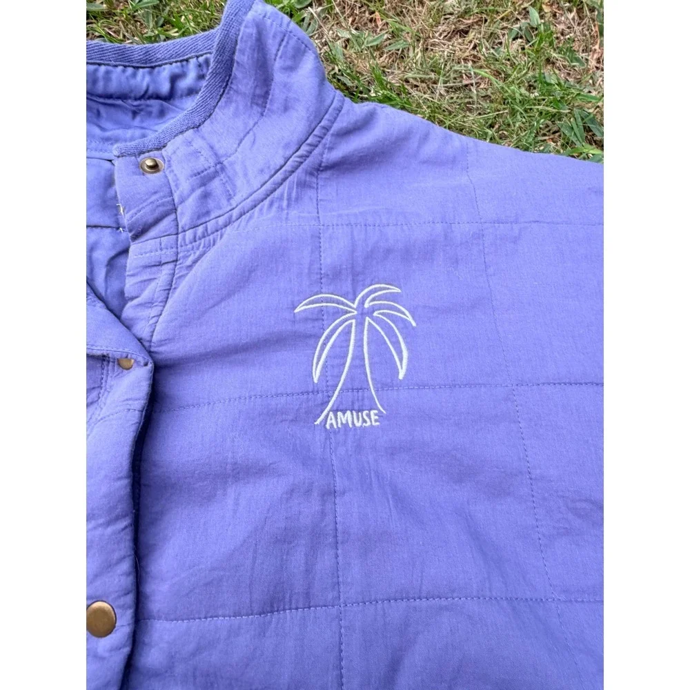 Amuse Society Quilted‎ Snap Front Jacket Periwinkle Blue Palm Tree Logo L/XL